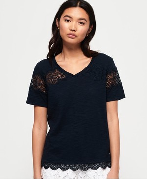 Superdry Lizzie Lace Insert Női Pólók Sötétkék | JFYXI2041